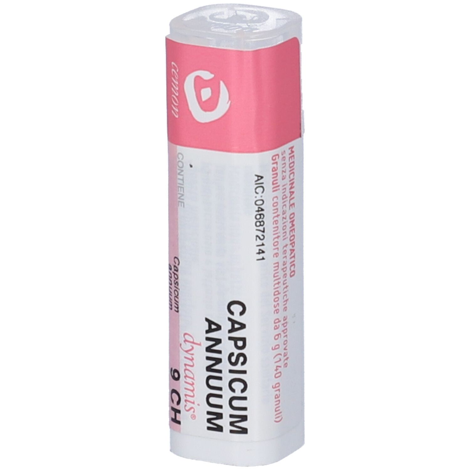 Flacone cilindrico con etichetta rosa. Scritte bianche: Capsicum Annuum, 9 CH. Coperchio trasparente.