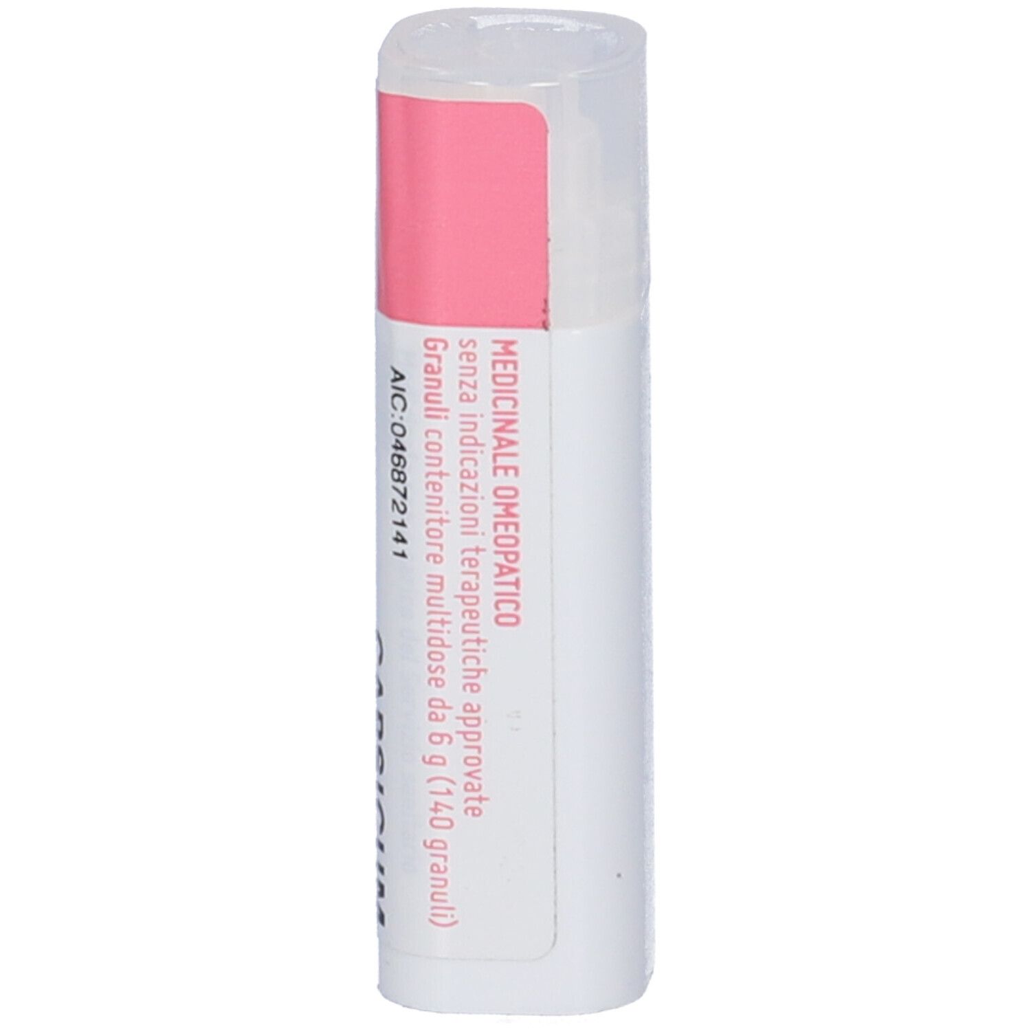 Flacone cilindrico con etichetta rosa. Scritte bianche. Coperchio trasparente.