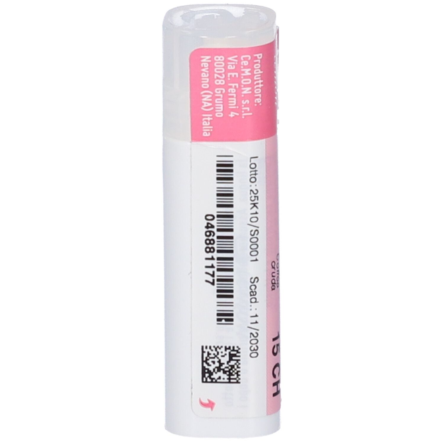 Flacone cilindrico con etichetta rosa. Codice a barre e numero di lotto. Scritta: 15 CH. Informazioni del produttore.