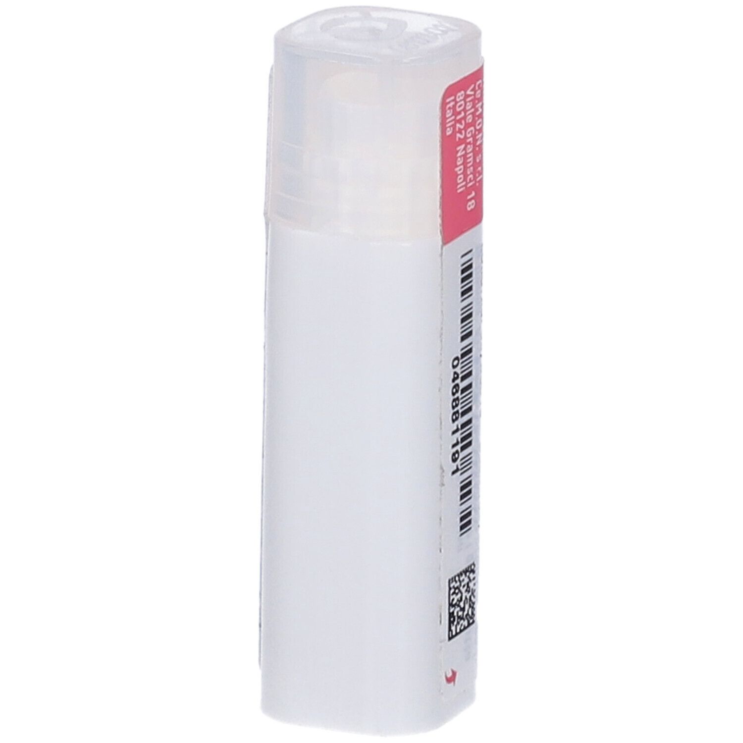 Flacone cilindrico bianco con etichetta rosa. Il coperchio è bianco. Informazioni stampate sull'etichetta.