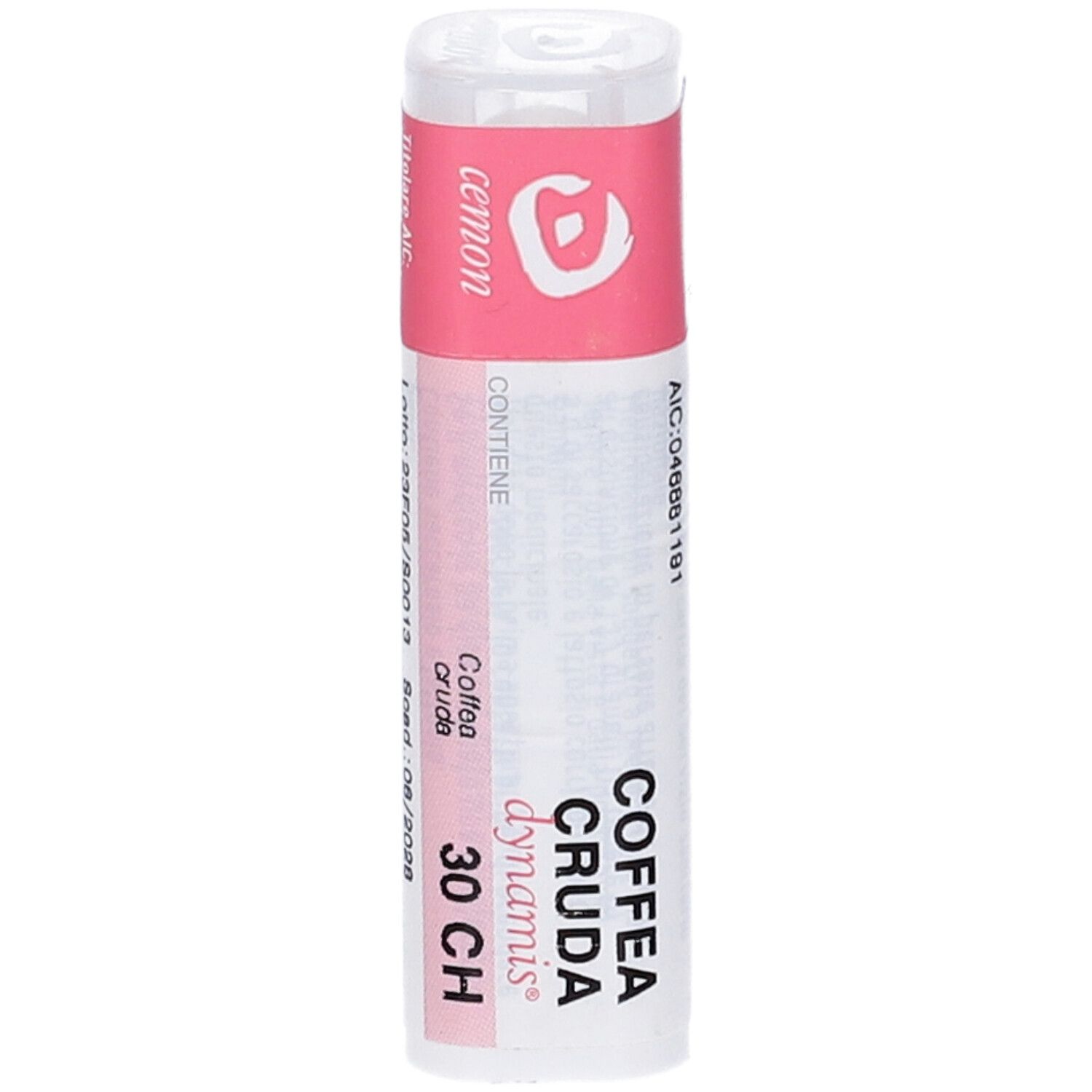 Flacone cilindrico bianco con etichetta rosa. Testo: Coffea Cruda Dynamis 30 CH. Contiene 140 granuli.