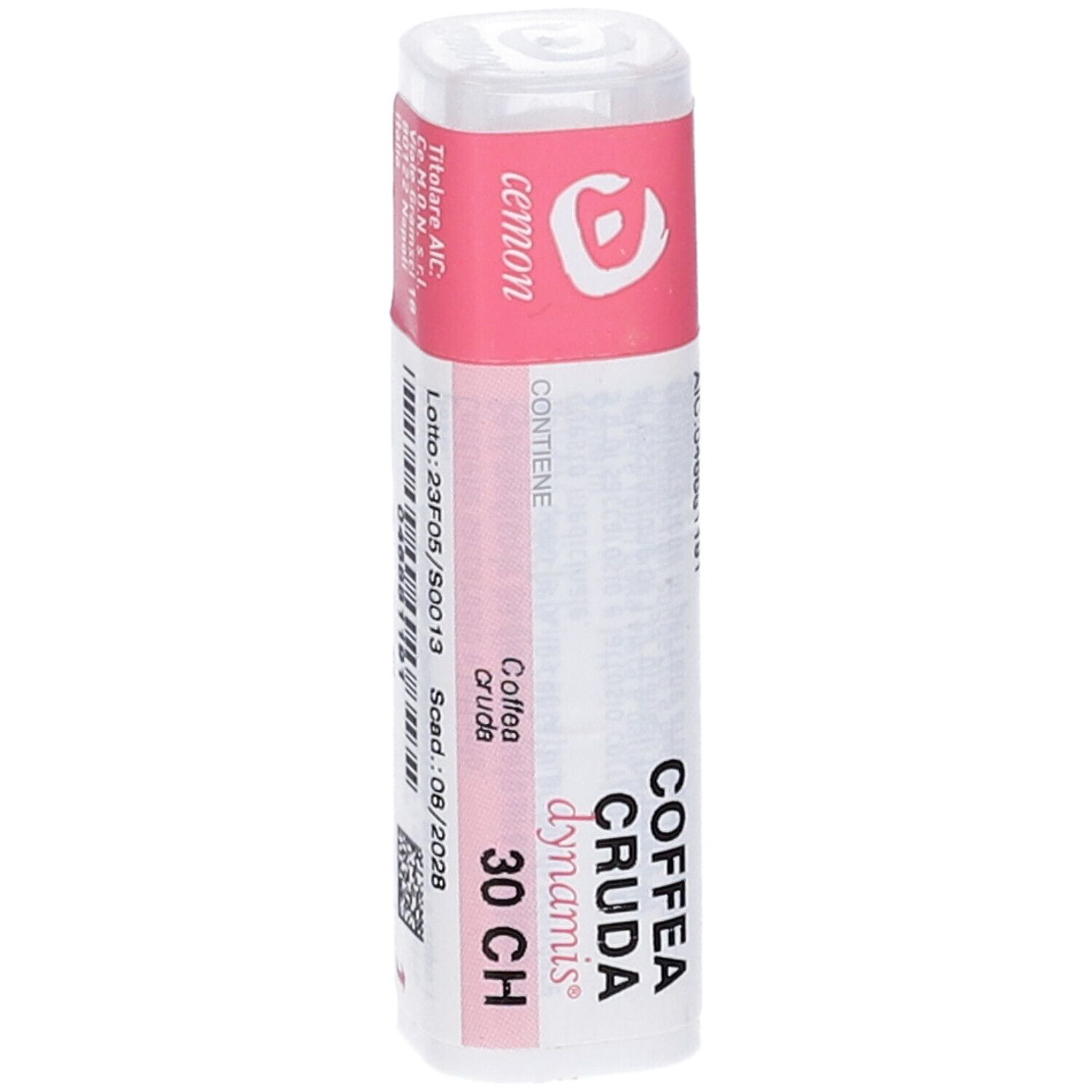 Flacone cilindrico bianco con etichetta rosa. Testo: Coffea Cruda Dynamis 30 CH. Numero di lotto e scadenza visibili.