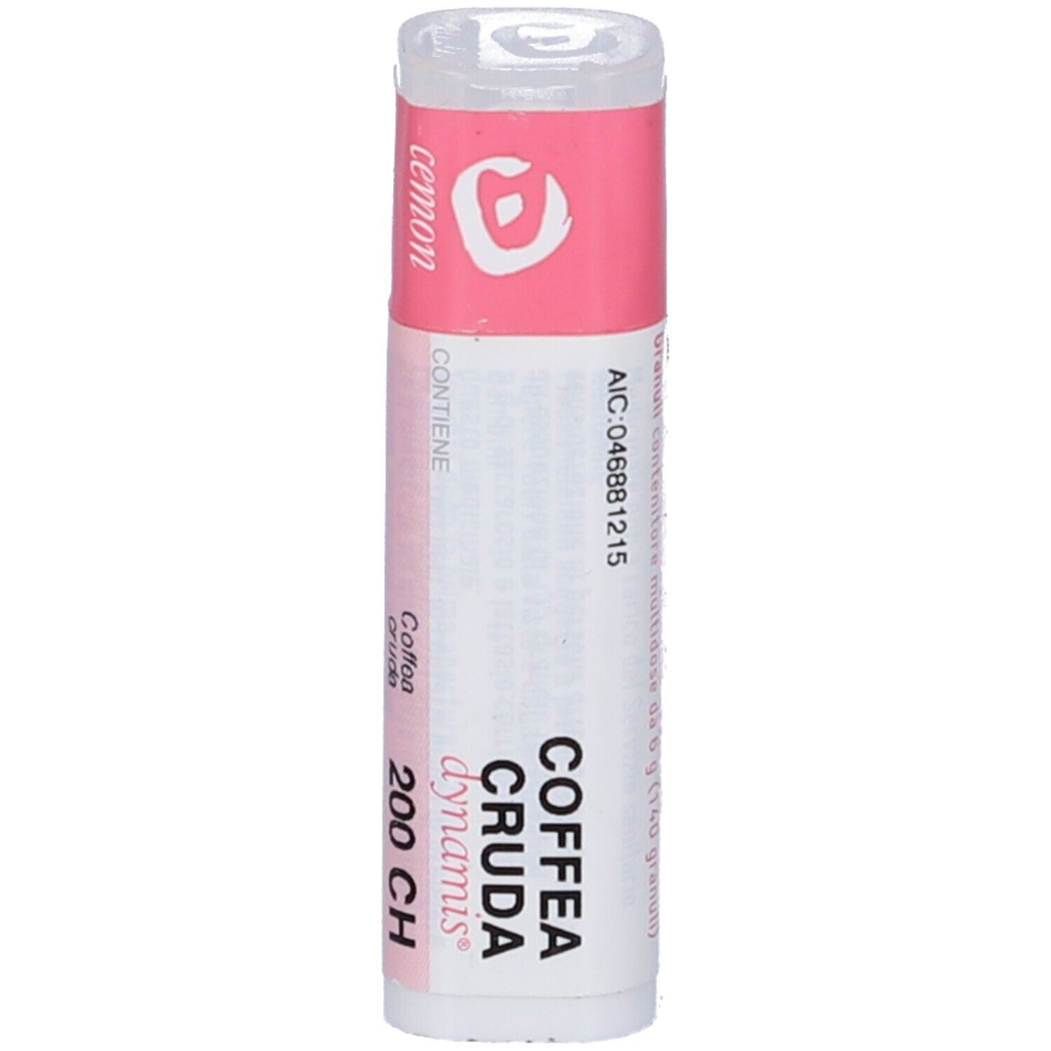 Flacone cilindrico con etichetta rosa. Scritta: COFFEA CRUDA dynamis 200 CH. Tappo bianco. Prodotto omeopatico.