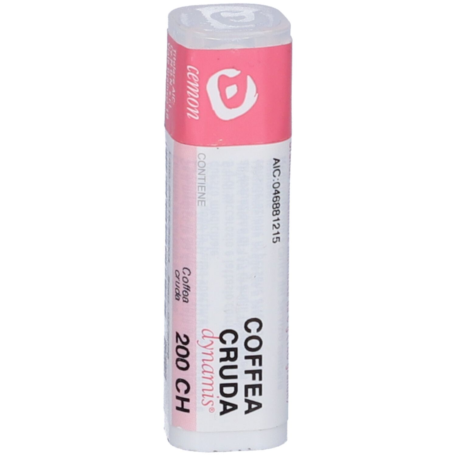 Flacone cilindrico con etichetta rosa. Scritta: COFFEA CRUDA dynamis 200 CH. Tappo bianco. Prodotto omeopatico.