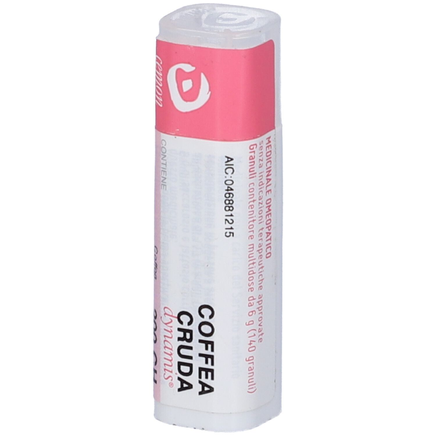 Flacone cilindrico con etichetta rosa. Scritta: COFFEA CRUDA dynamis 200 CH. Tappo bianco. Prodotto omeopatico.