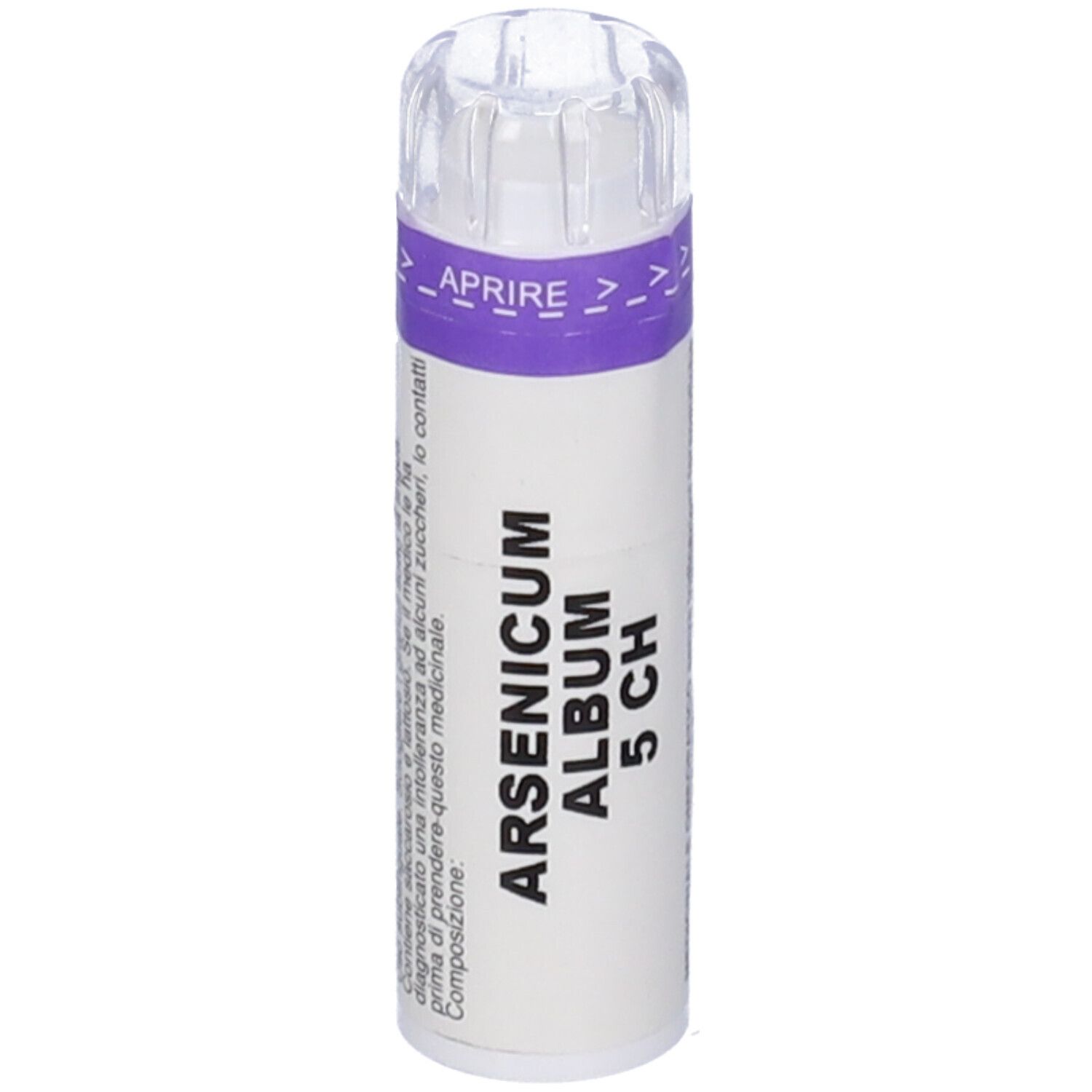 Flacone cilindrico bianco con etichetta viola. Scritta: ARSENICUM ALBUM 5 CH. Coperchio trasparente.