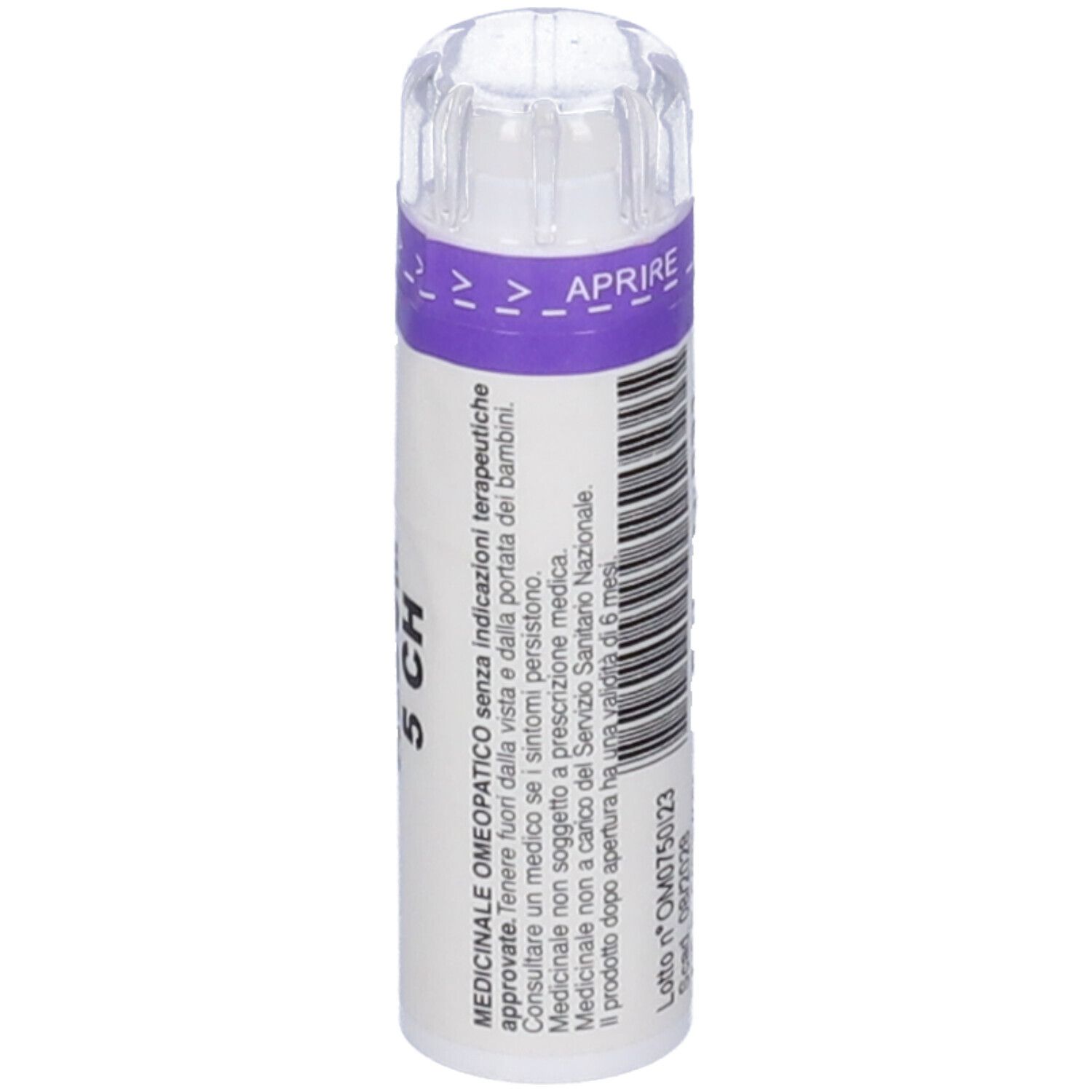 Flacone cilindrico con etichetta viola. Testo e codice a barre. Scritta: ARSENICUM ALBUM 5 CH. Coperchio trasparente.