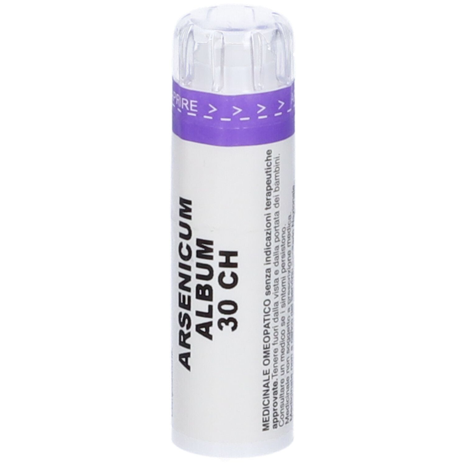 Flacone cilindrico bianco con fascia viola. Scritta: ARSENICUM ALBUM 30 CH. Tappo trasparente.