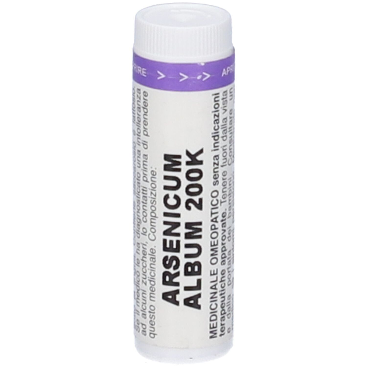 Flacone cilindrico bianco con tappo e fascia viola. Scritta: ARSENICUM ALBUM 200K. Testo in italiano.