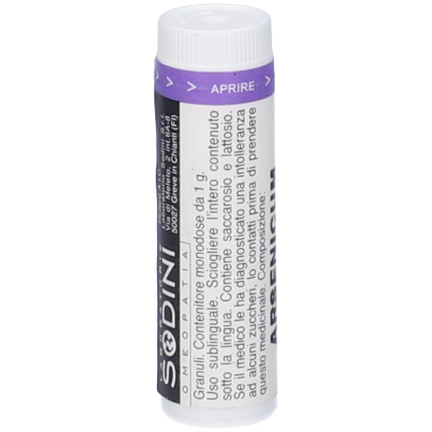 Flacone cilindrico bianco con tappo e fascia viola. Scritta: SODINI OMEOPATIA. Testo in italiano.