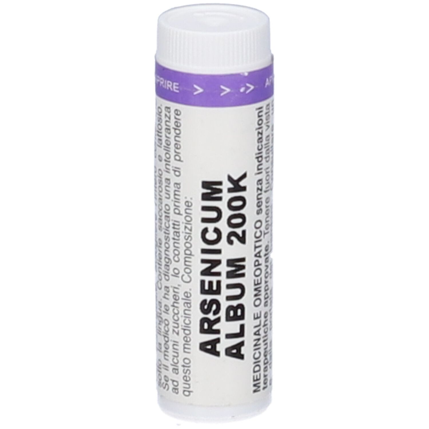 Flacone cilindrico bianco con tappo e fascia viola. Scritta: ARSENICUM ALBUM 200K. Testo in italiano.