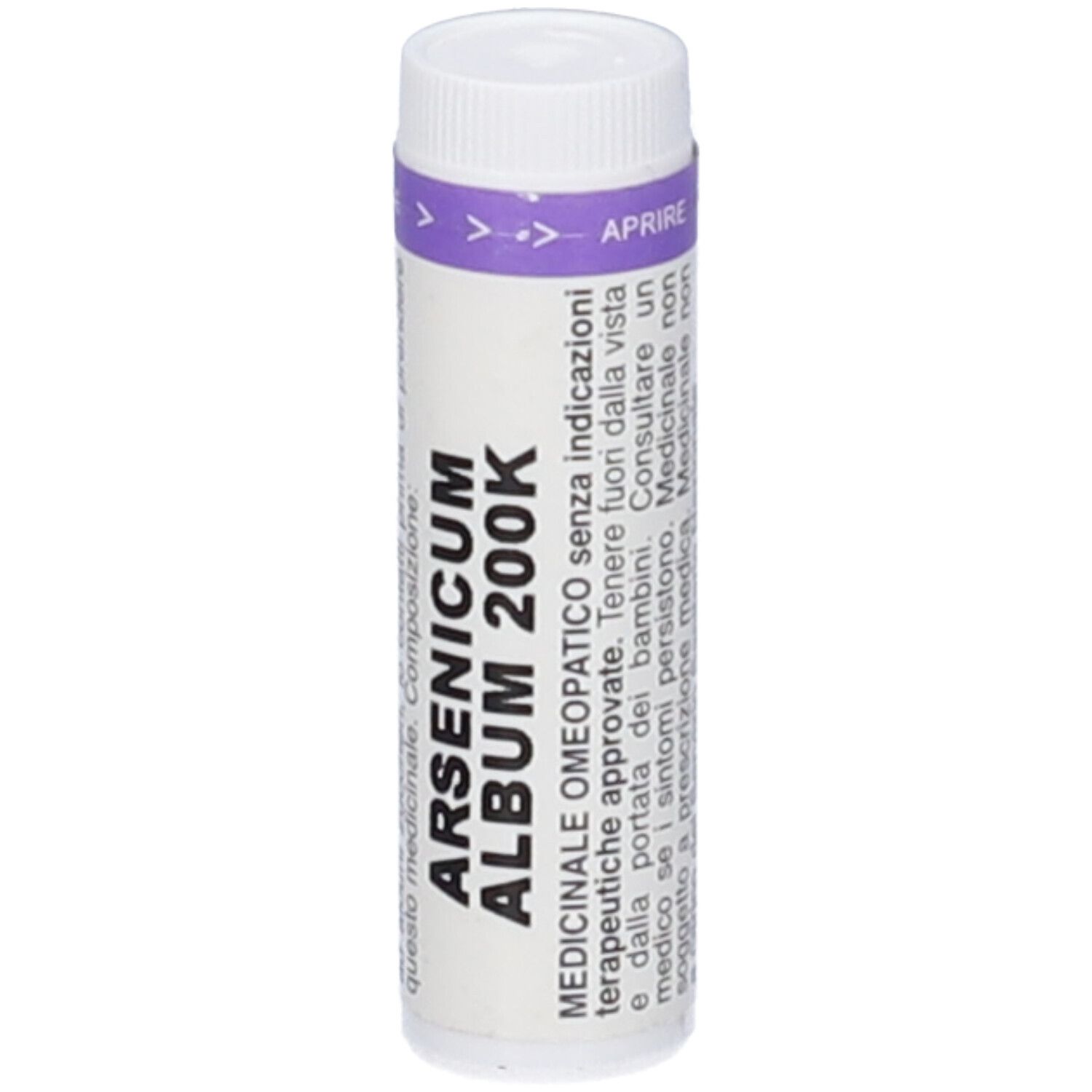 Flacone cilindrico bianco con tappo e fascia viola. Scritta: ARSENICUM ALBUM 200K. Testo in italiano.