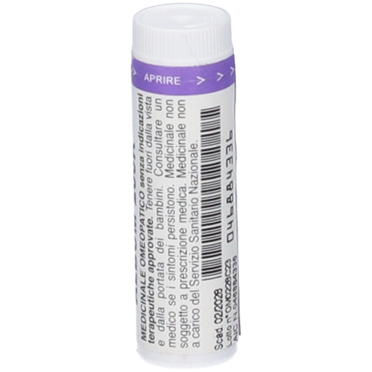 Flacone cilindrico bianco con tappo e fascia viola. Scritta: ARSENICUM ALBUM 200K. Testo in italiano.