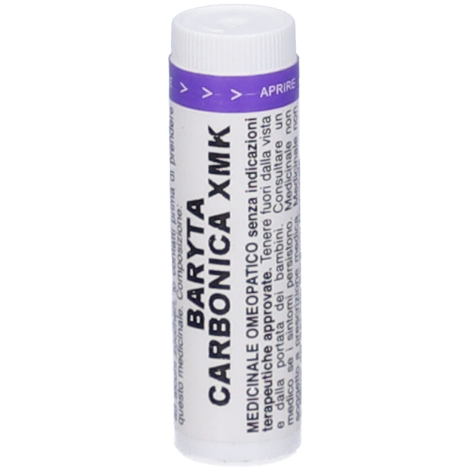 Flacone cilindrico bianco con stampa viola. Scritta: BARYTA CARBONICA XMK. In alto: frecce e "APRIRE".