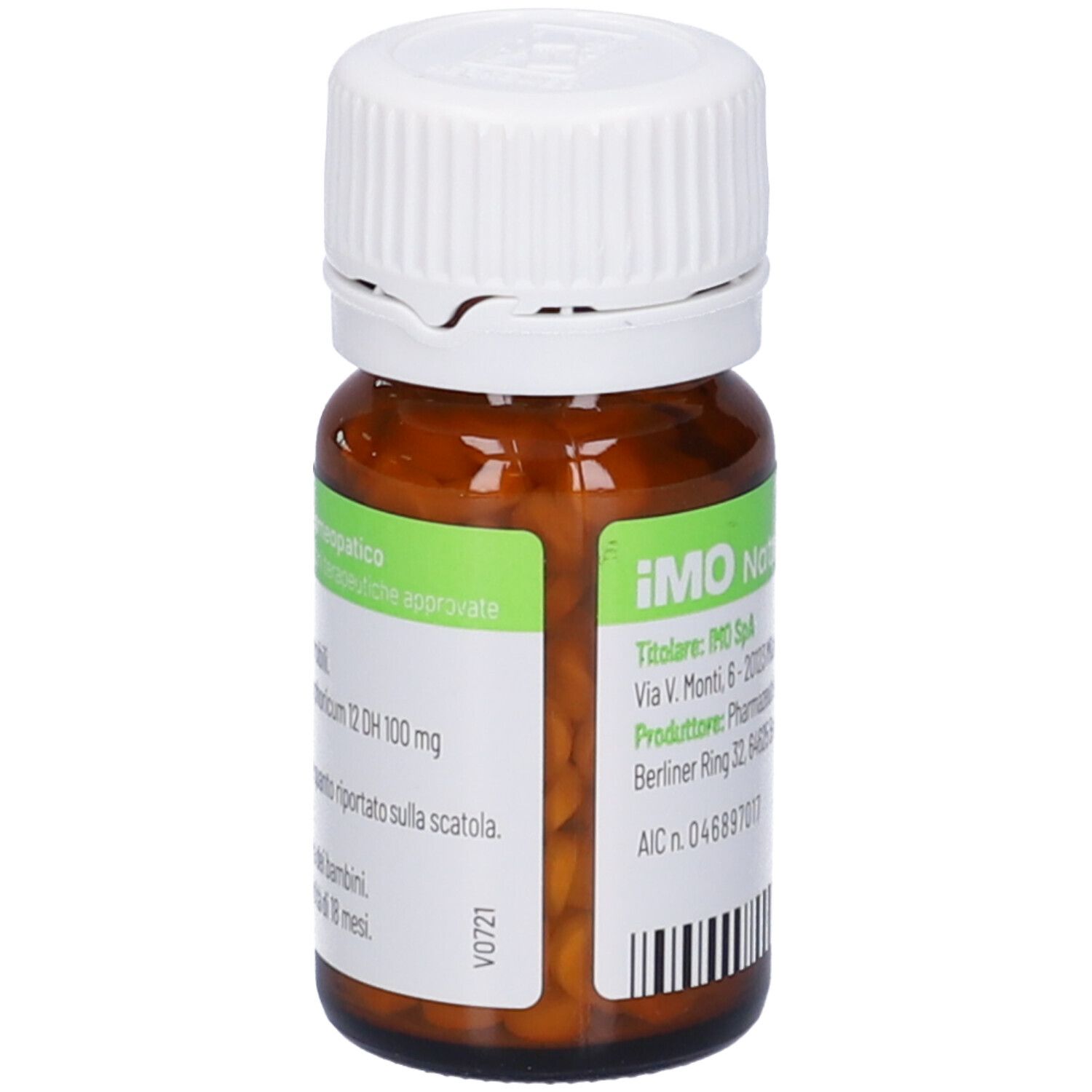 Flacone di vetro marrone con tappo bianco. Etichetta con informazioni sul prodotto e codice a barre. Contiene compresse. IMO Natrium phosphoricum 12DH.