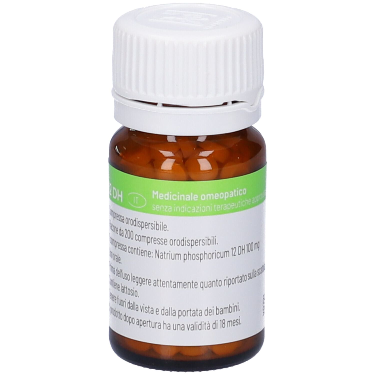 Flacone di vetro marrone con tappo bianco. Etichetta con informazioni sul prodotto e codice a barre. Contiene compresse. IMO Natrium phosphoricum 12DH.