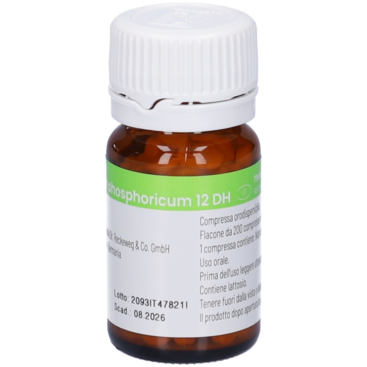 Flacone di vetro marrone con tappo bianco. Etichetta con informazioni sul prodotto e codice a barre. Contiene compresse. IMO Natrium phosphoricum 12DH.