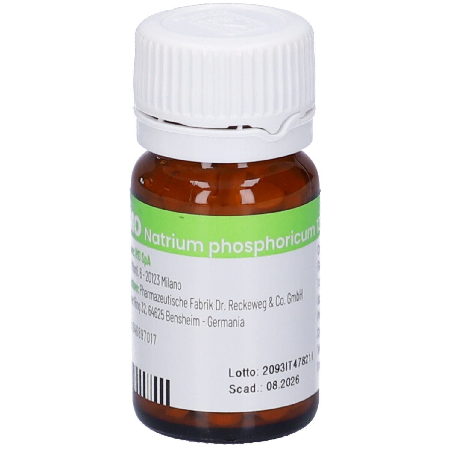 Flacone di vetro marrone con tappo bianco. Etichetta con informazioni sul prodotto e codice a barre. Contiene compresse. IMO Natrium phosphoricum 12DH.