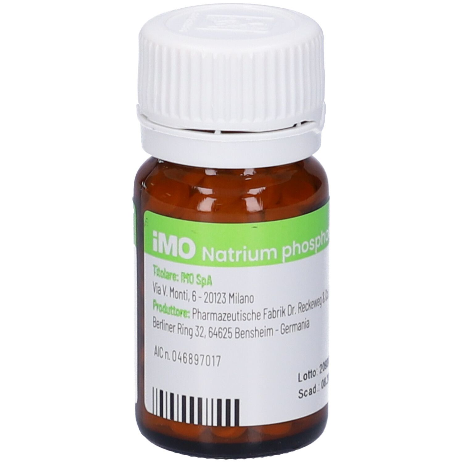 Flacone di vetro marrone con tappo bianco. Etichetta con informazioni sul prodotto e codice a barre. Contiene compresse. IMO Natrium phosphoricum 12DH.