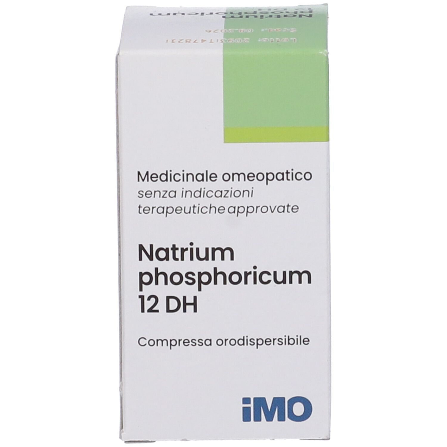 Confezione bianca con accenti verdi. Testo: Natrium phosphoricum 12 DH, Compresse orodispersibili. Logo IMO.