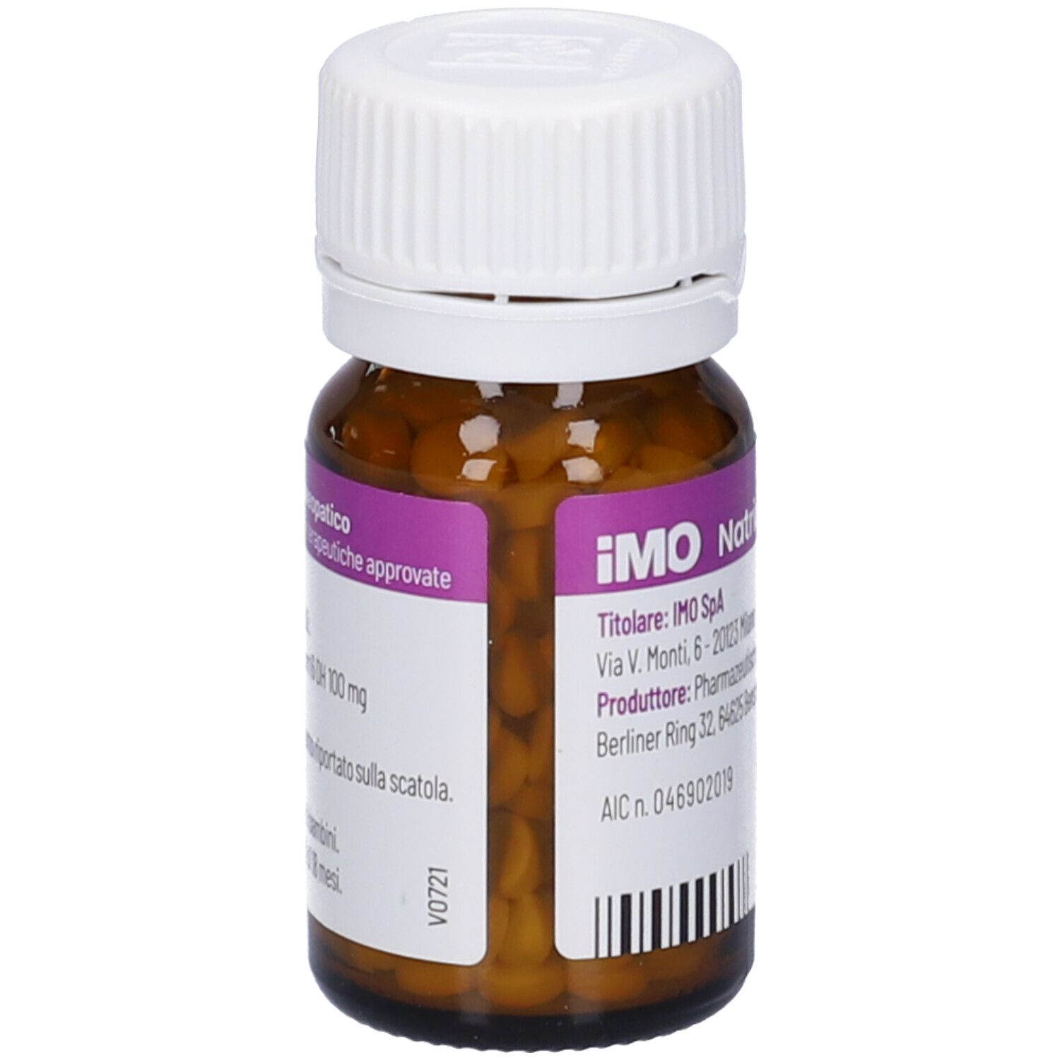 Flacone marrone con tappo bianco. Etichetta con informazioni e codice a barre.