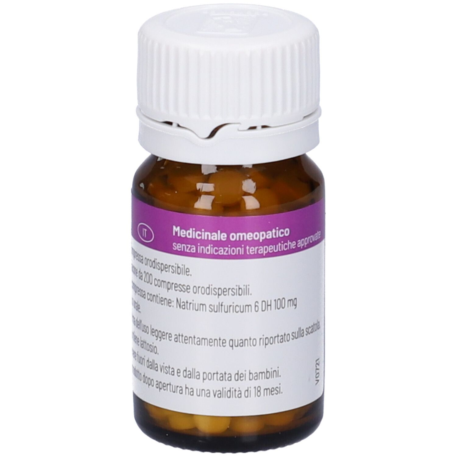 Flacone marrone con tappo bianco. Etichetta con informazioni e testo.