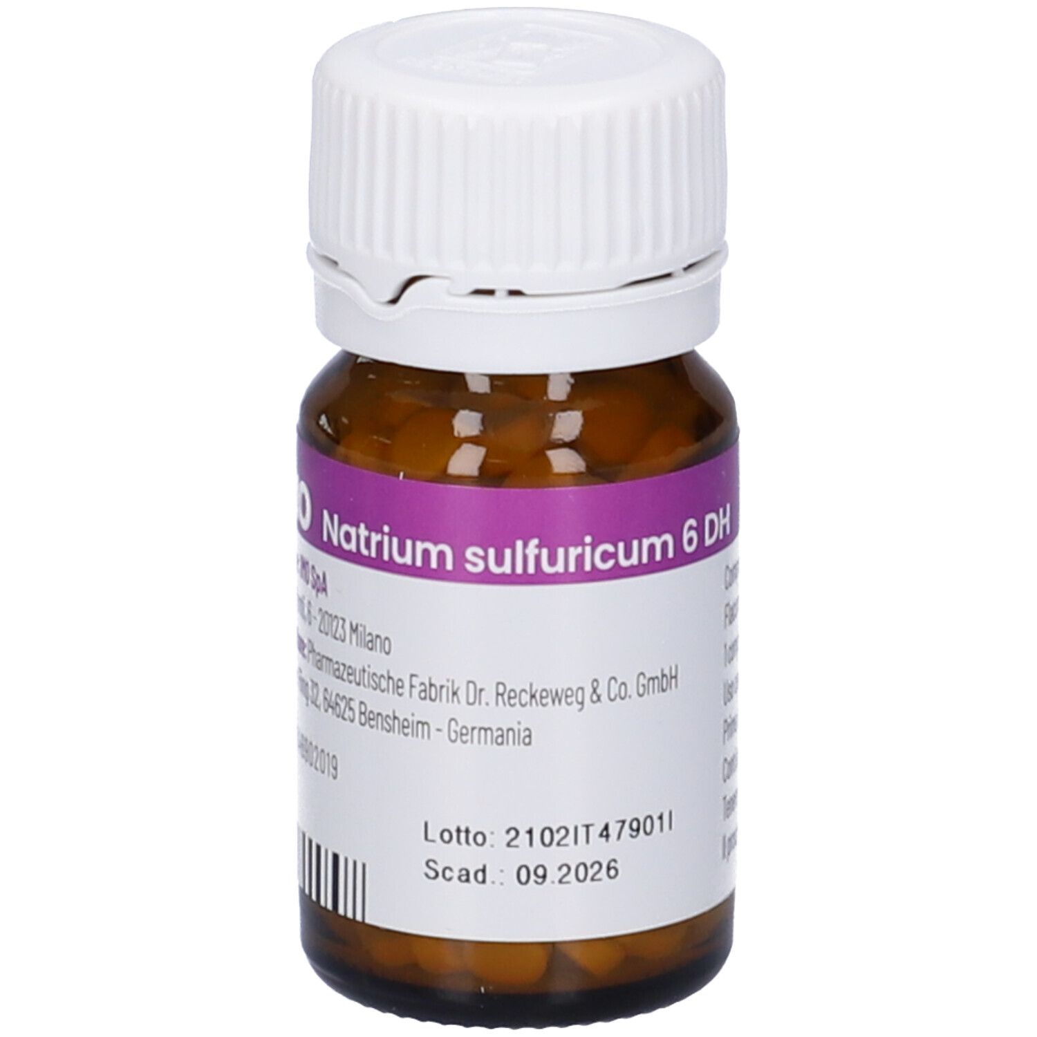 Flacone di vetro marrone con tappo bianco. Etichetta con nome e informazioni. Codice a barre in basso.