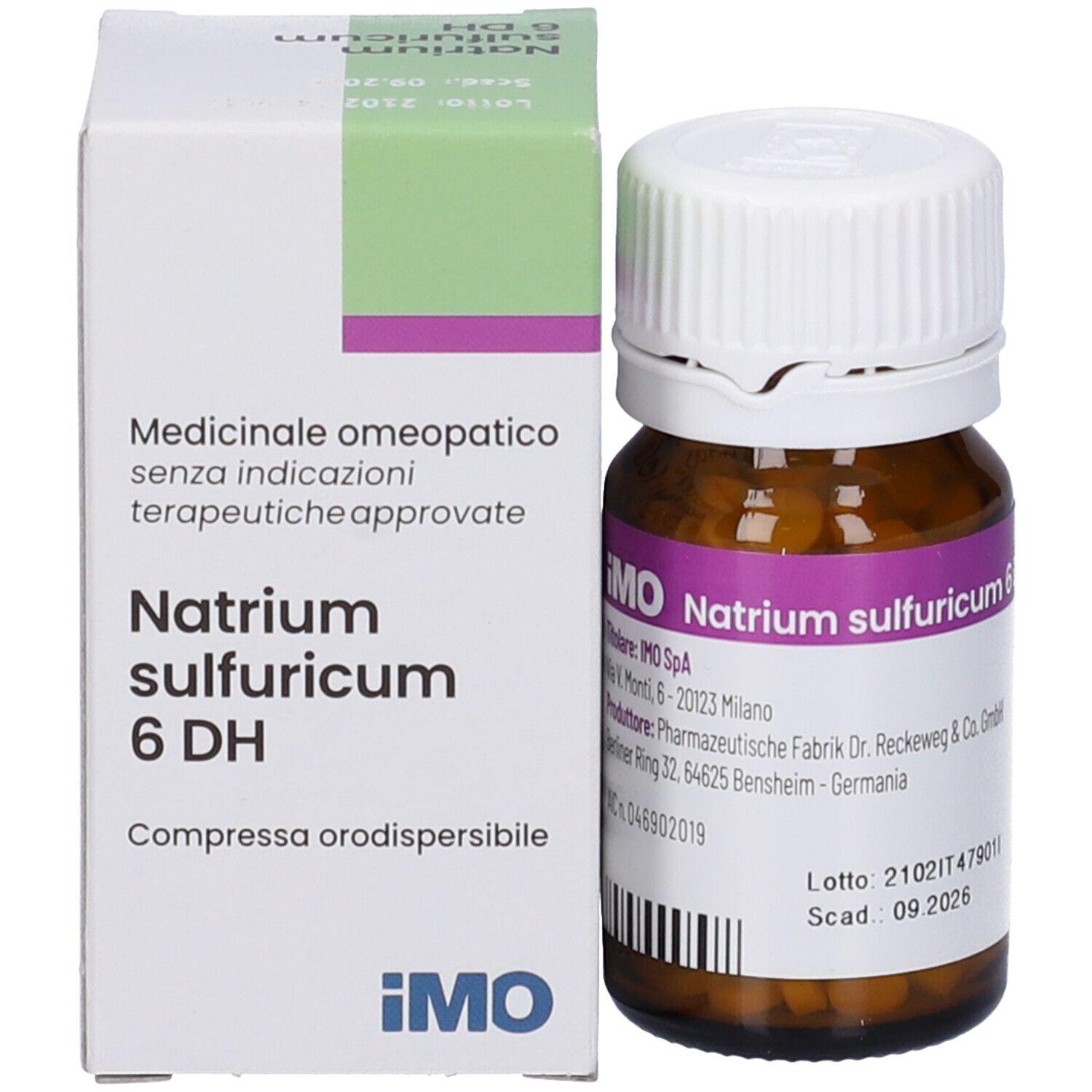 Flacone e scatola. Flacone marrone, tappo bianco. Scatola bianca, verde e viola.