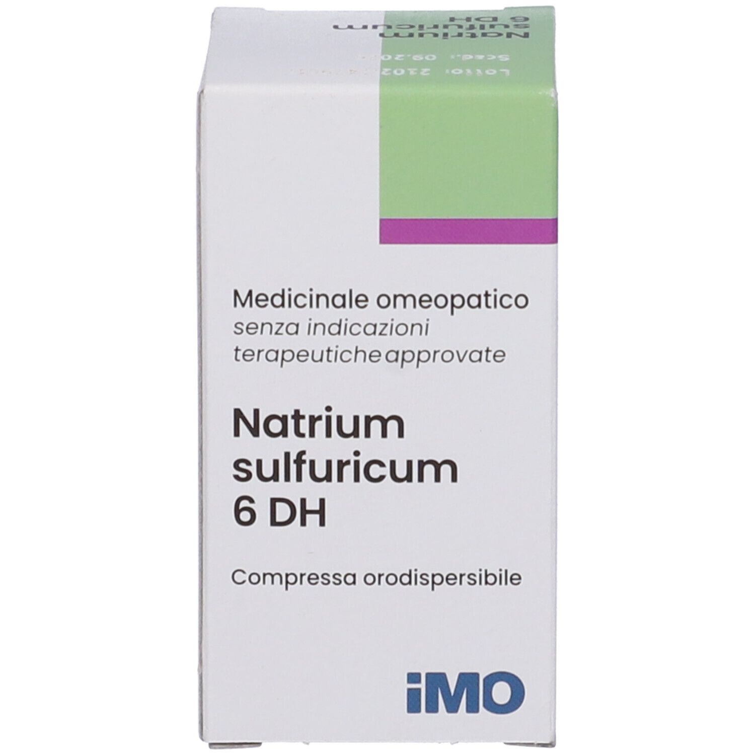 Scatola bianca con accenti verdi e viola. Nome del prodotto e informazioni.