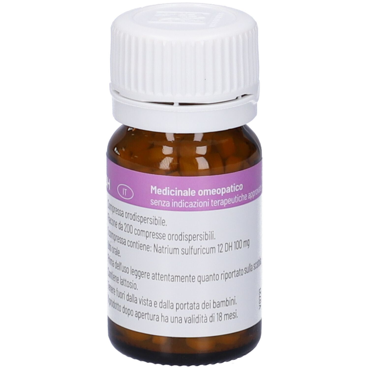 Flacone di vetro marrone con tappo bianco. Etichetta con informazioni sul prodotto. IMO Natrium sulfuricum 12DH.