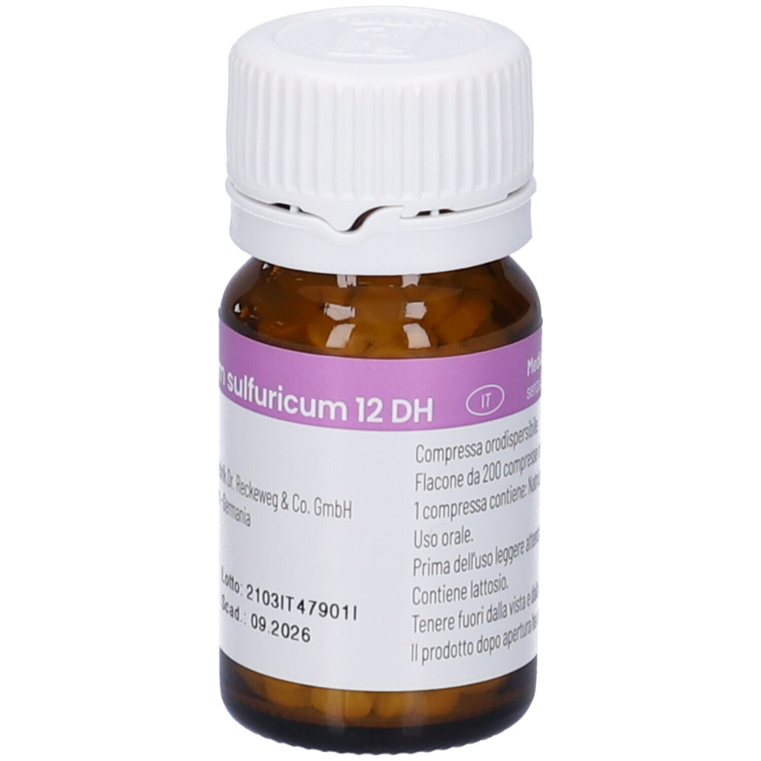 Flacone di vetro marrone con tappo bianco. Etichetta con informazioni sul prodotto. IMO Natrium sulfuricum 12DH.