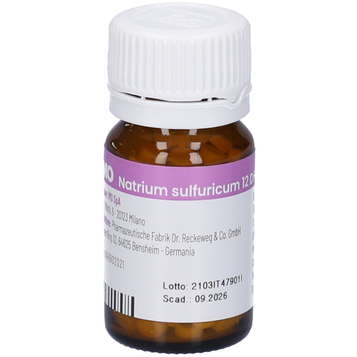 Flacone di vetro marrone con tappo bianco. Etichetta con informazioni sul prodotto. IMO Natrium sulfuricum 12DH.