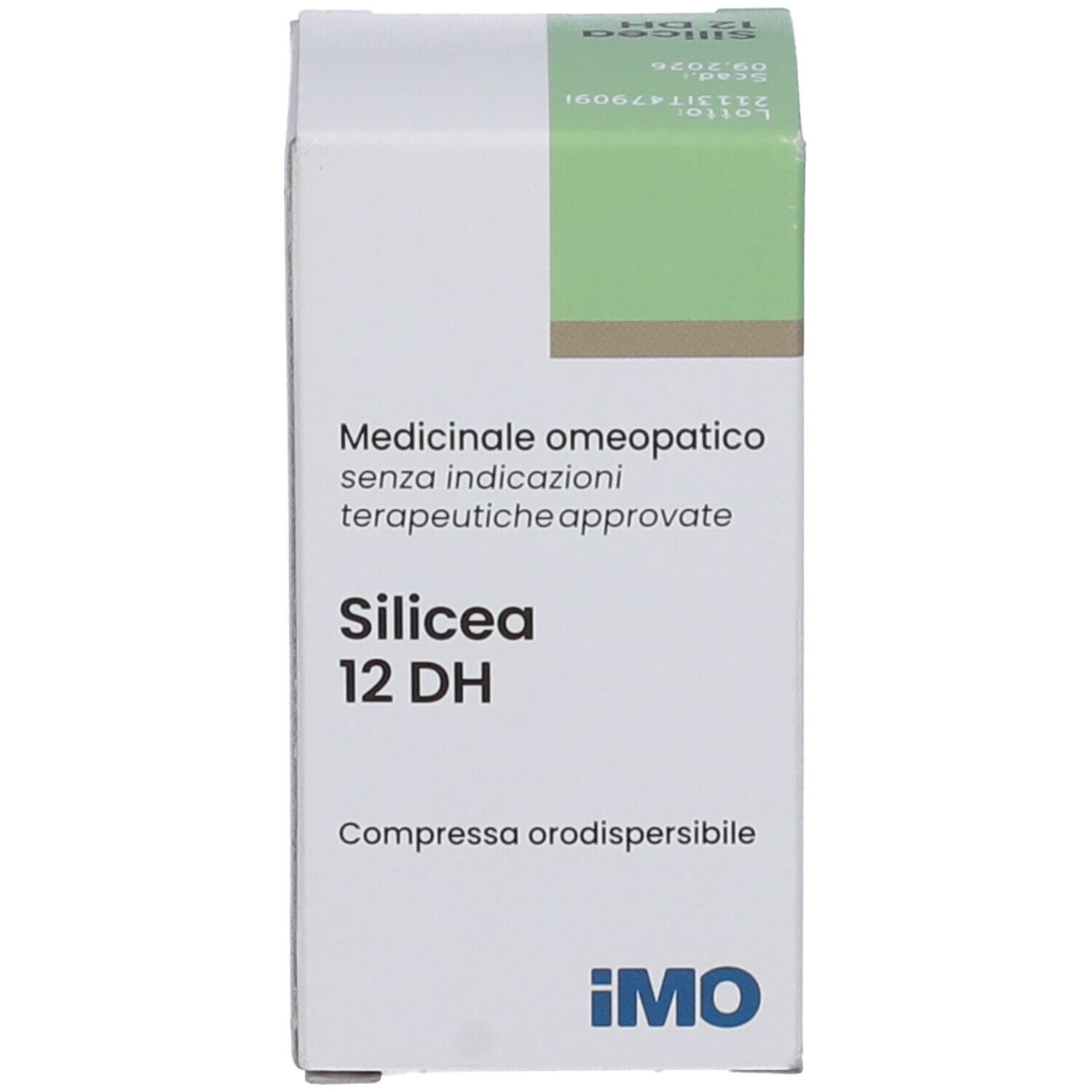 Scatola con informazioni sul prodotto. Sulla scatola 'Silicea 12 DH'.