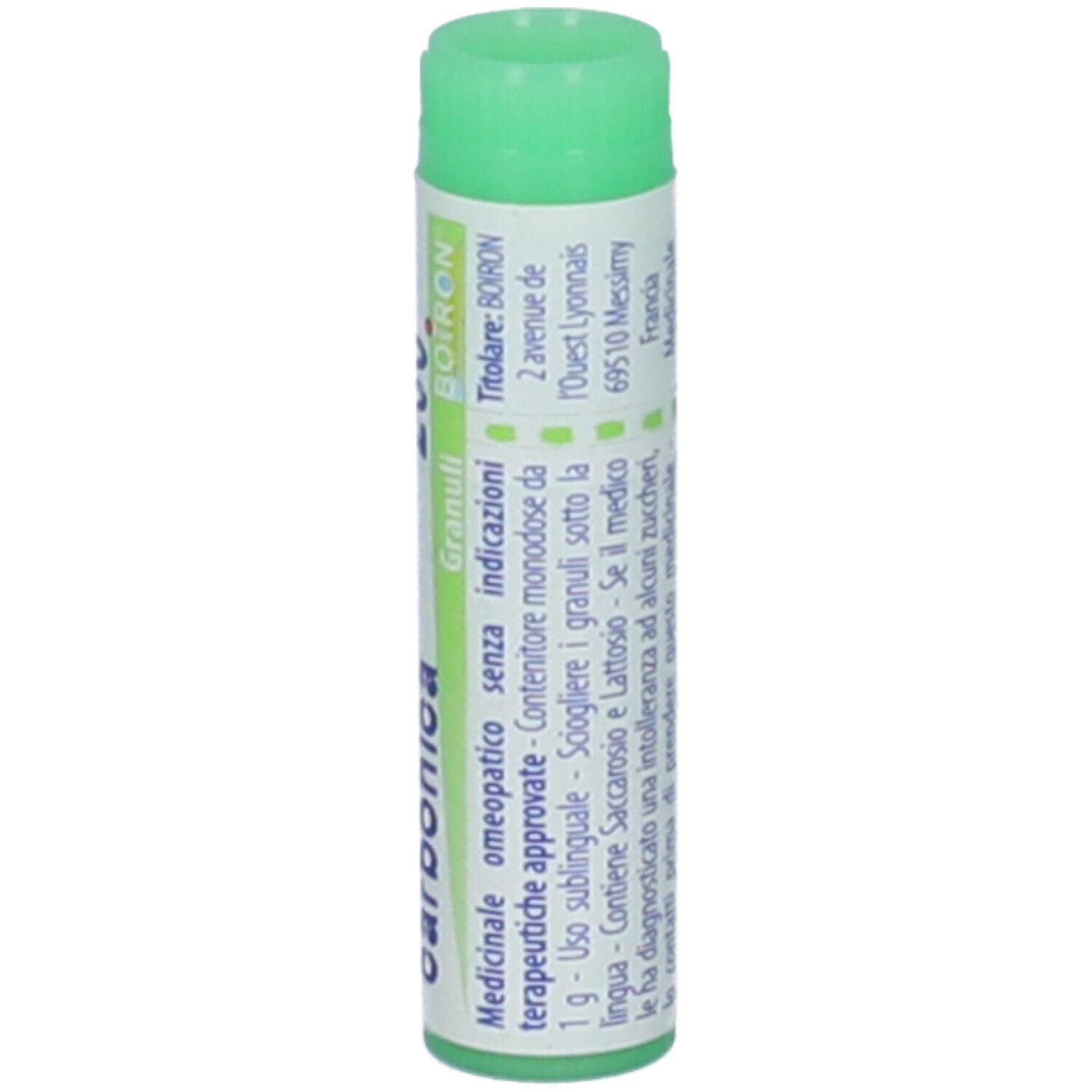 Confezione cilindrica verde. Scritta: Magnesia carbonica, BOIRON, Granuli, informazioni.