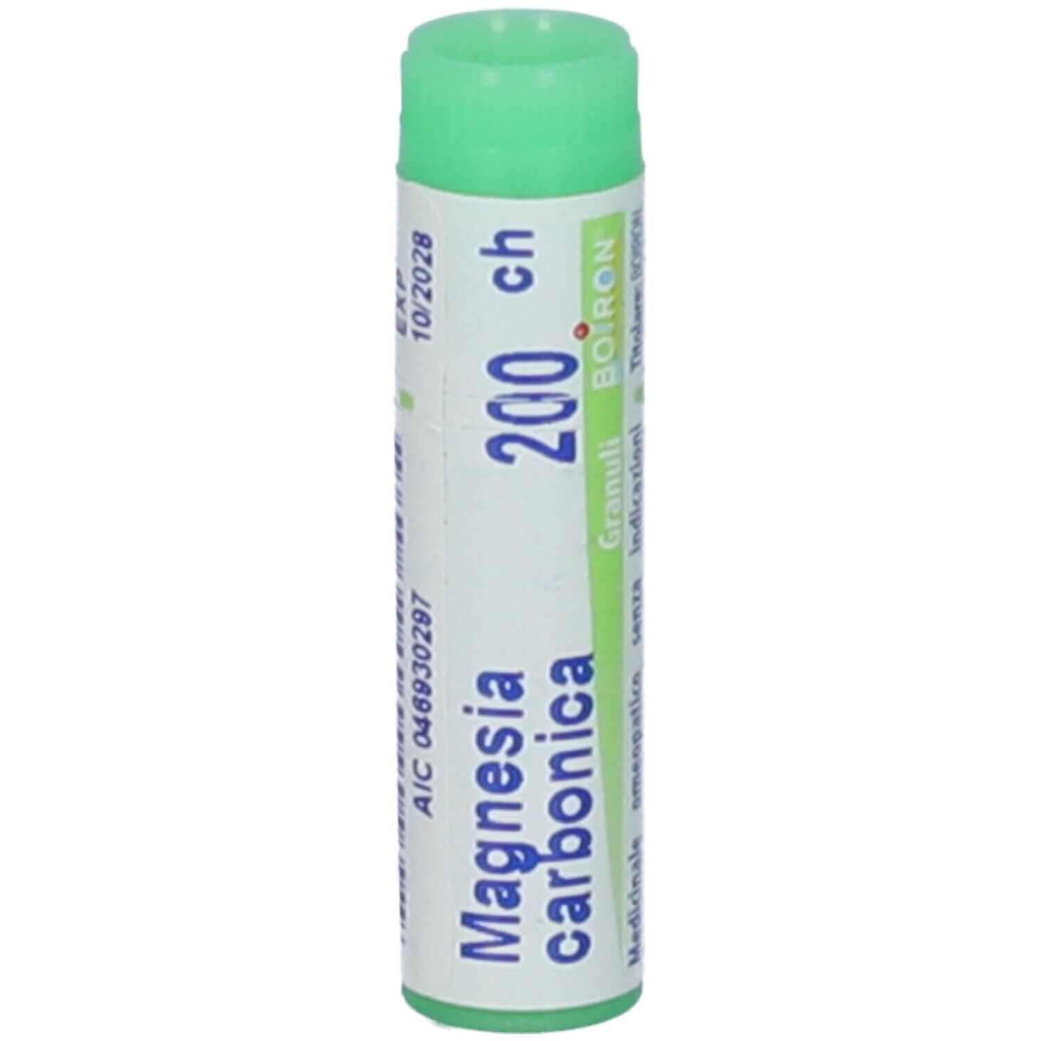 Confezione cilindrica verde. Scritta: Magnesia carbonica, 200 ch, BOIRON, EXP 10/2028.
