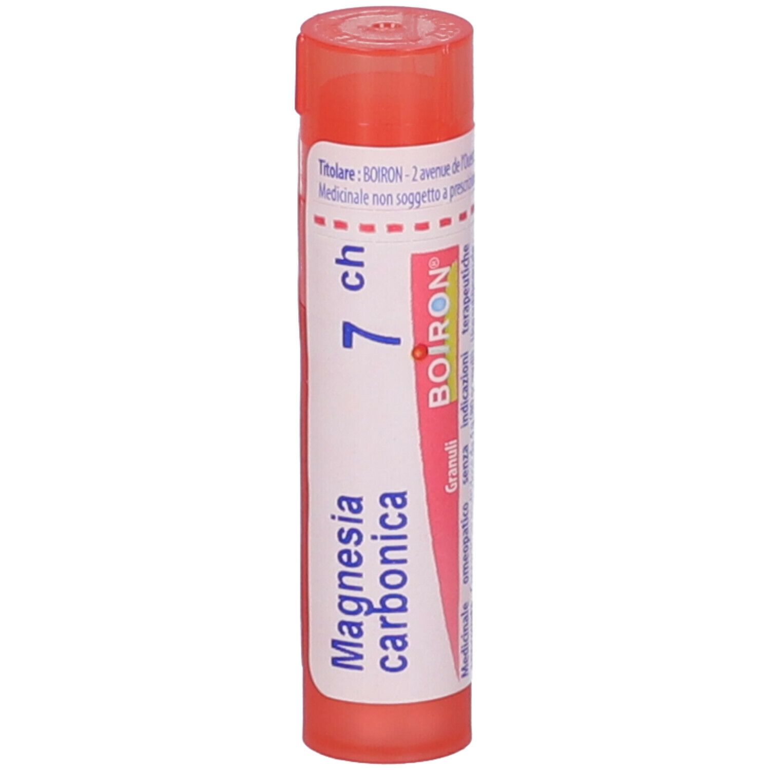 Confezione cilindrica con scritta Magnesia carbonica, 7 ch e logo BOIRON. Tappo arancione.