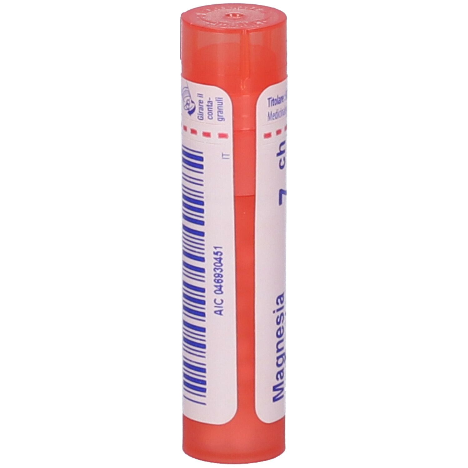 Confezione cilindrica con scritta Magnesia e un codice a barre. Tappo arancione.