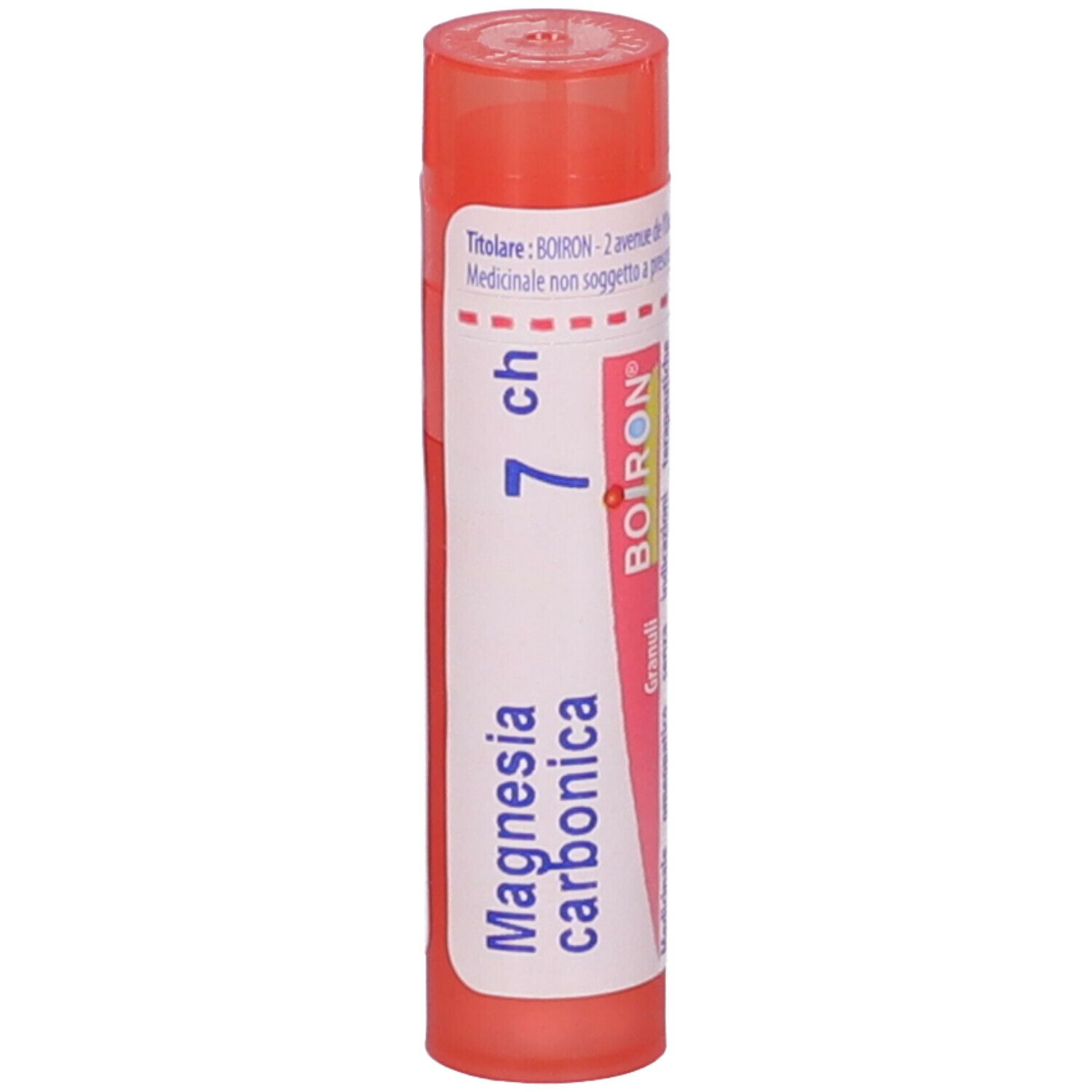 Confezione cilindrica con scritta Magnesia carbonica, 7 ch e logo BOIRON. Tappo arancione.