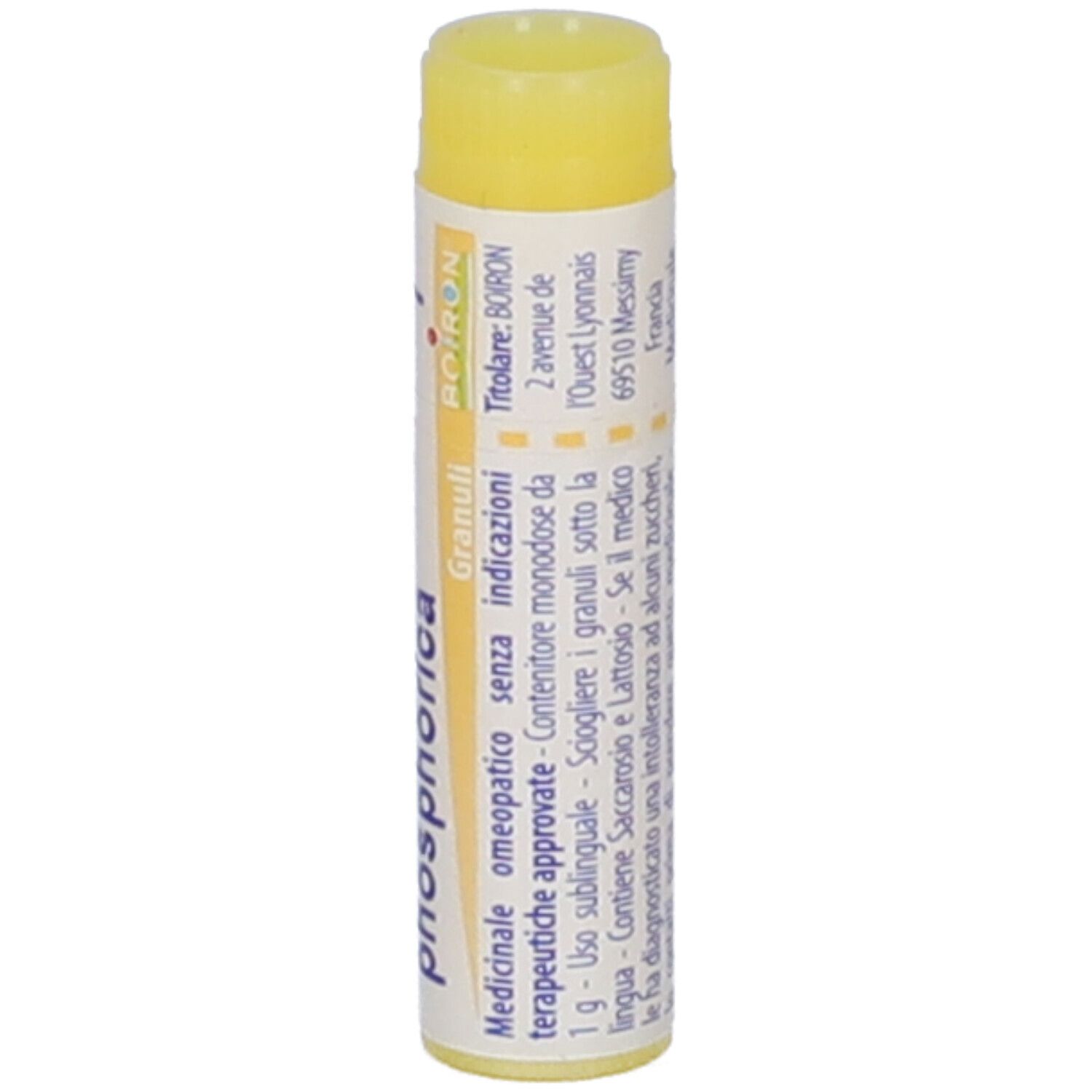 Contenitore cilindrico giallo. Etichetta: Magnesia phosphorica, Boiron, Granuli. Medicinale omeopatico, 1 g.