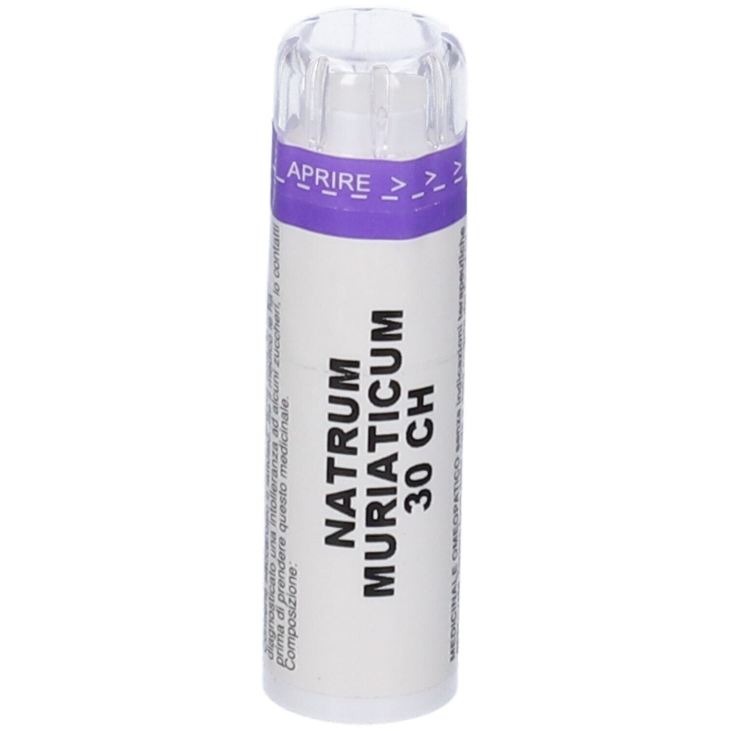 Flacone cilindrico con etichetta bianca. Scritta: Natrum Muriaticum 30 CH. Coperchio trasparente. Striscia viola di apertura.