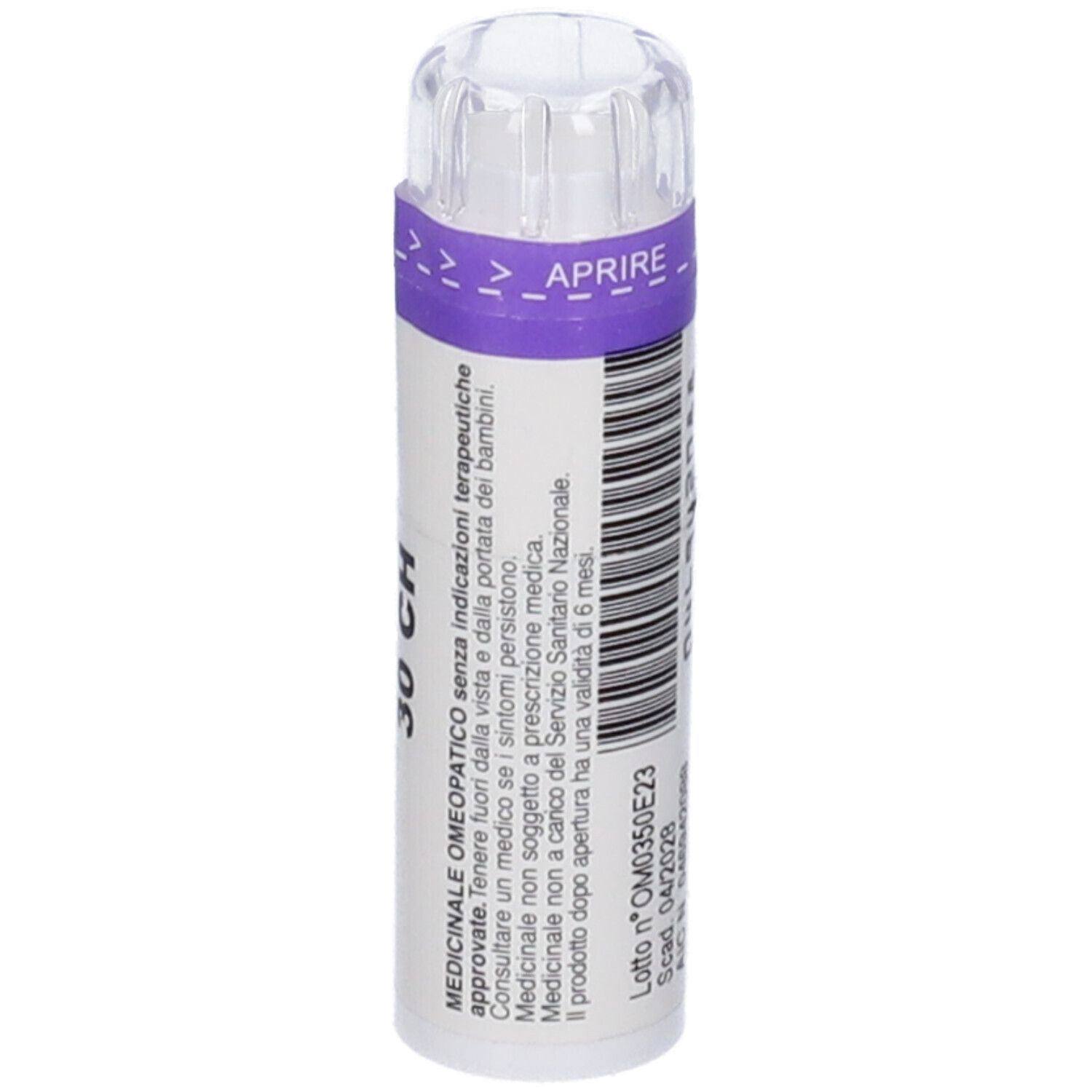 Flacone cilindrico con etichetta bianca. Scritta: 30 CH. Coperchio trasparente. Striscia viola di apertura. Codice a barre e numero di lotto.