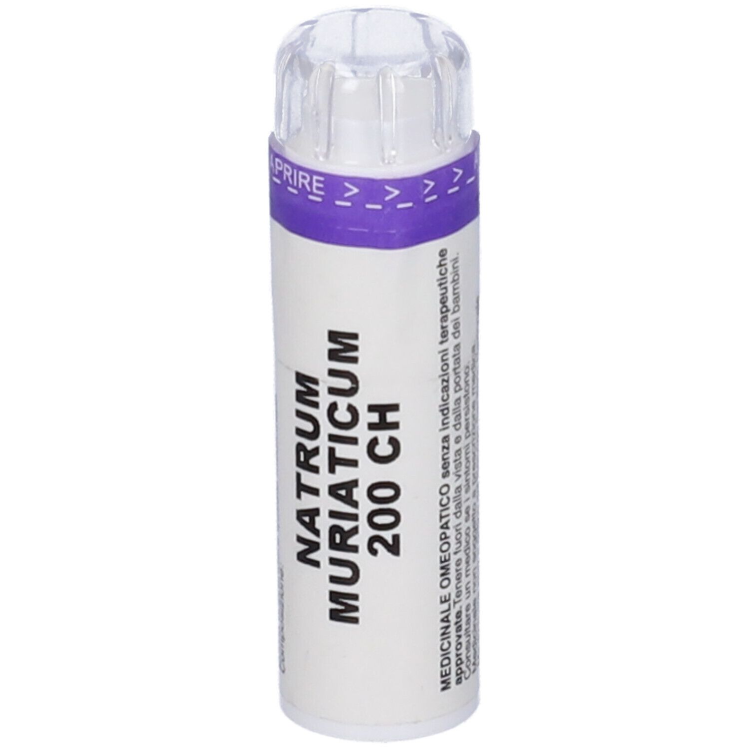 Flacone cilindrico bianco con testo: Natrum Muriaticum 200 CH. Tappo trasparente. Fascia viola con 'APRIRE'.