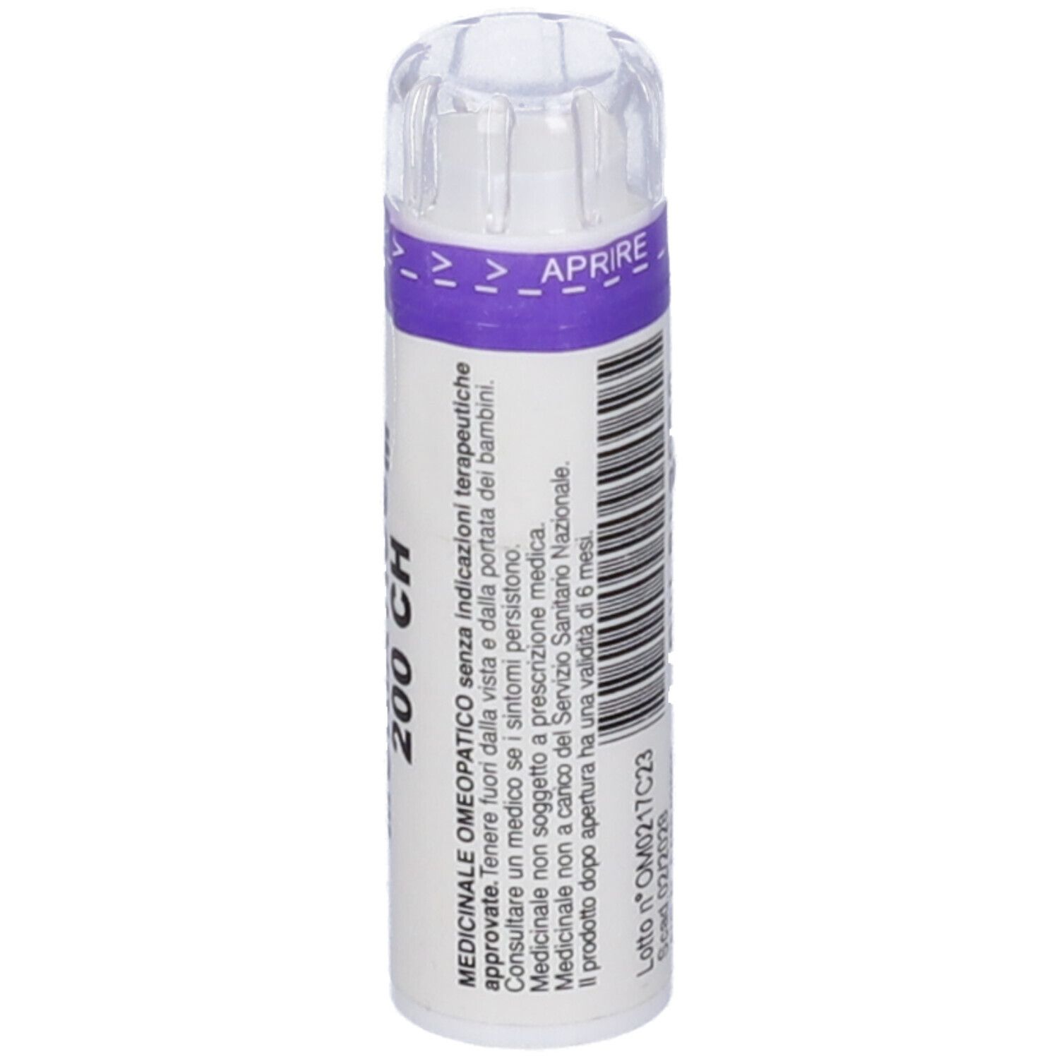 Flacone cilindrico bianco con testo: Natrum Muriaticum 200 CH. Tappo trasparente. Fascia viola con 'APRIRE'.