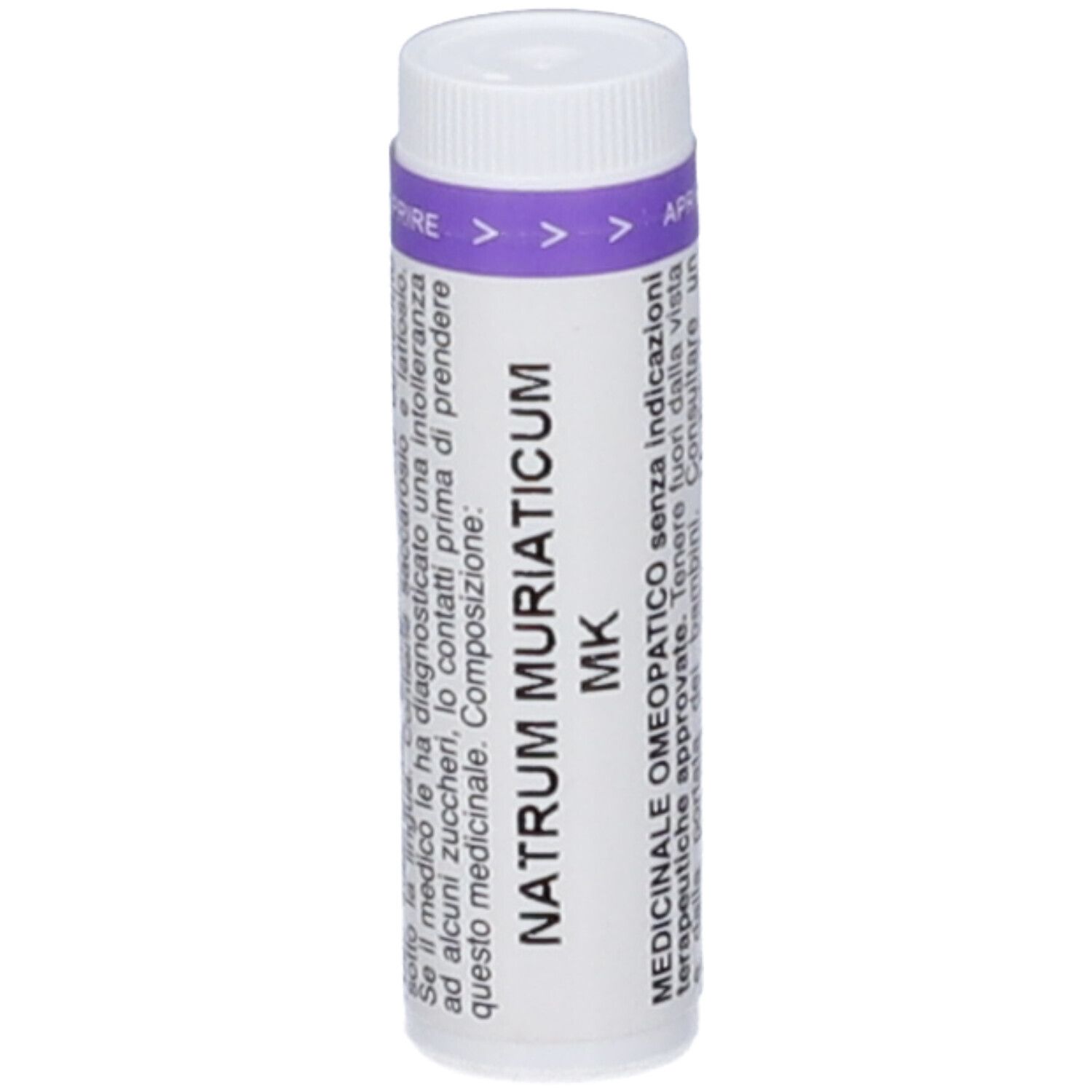 Cilindro bianco con fascia viola. Scritta: NATRUM MURIATICUM MK. Indicazioni mediche.