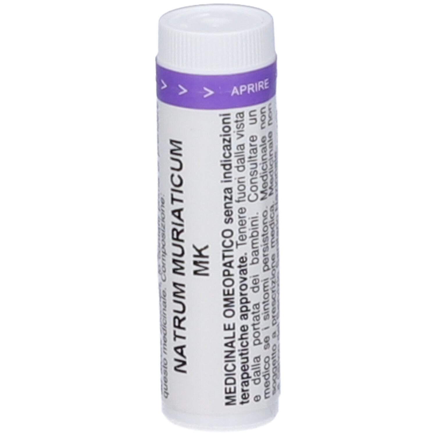 Cilindro bianco con fascia viola. Scritta: NATRUM MURIATICUM MK. Indicazioni mediche.