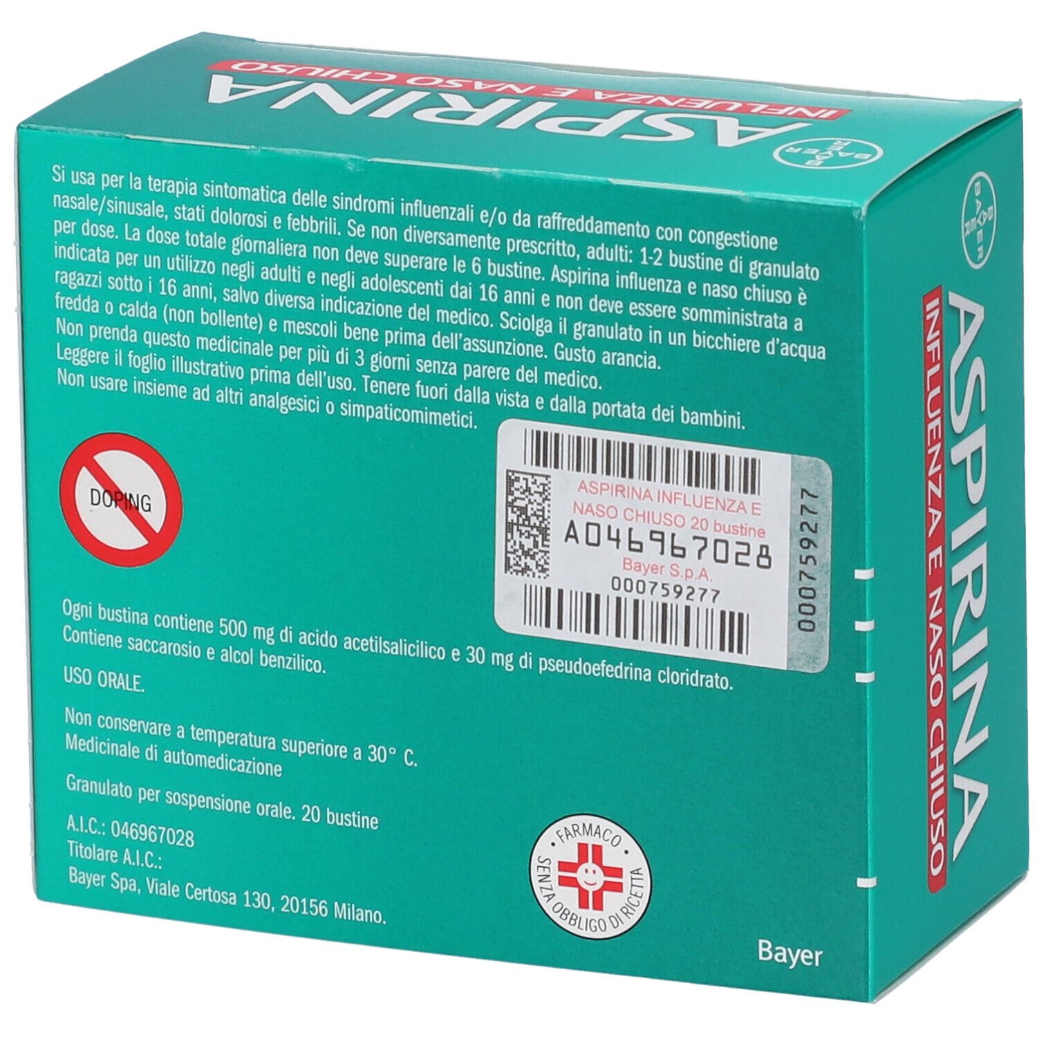 Retro della confezione Aspirina Influenza e Naso Chiuso con dettagli.