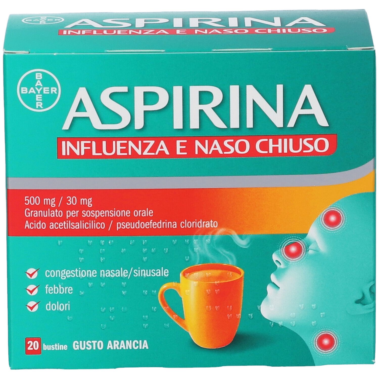 Fronte della confezione Aspirina Influenza e Naso Chiuso.