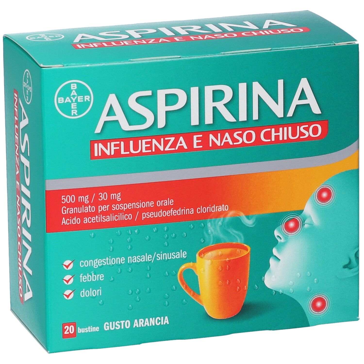 Confezione Aspirina Influenza e Naso Chiuso, vista frontale dettagliata.