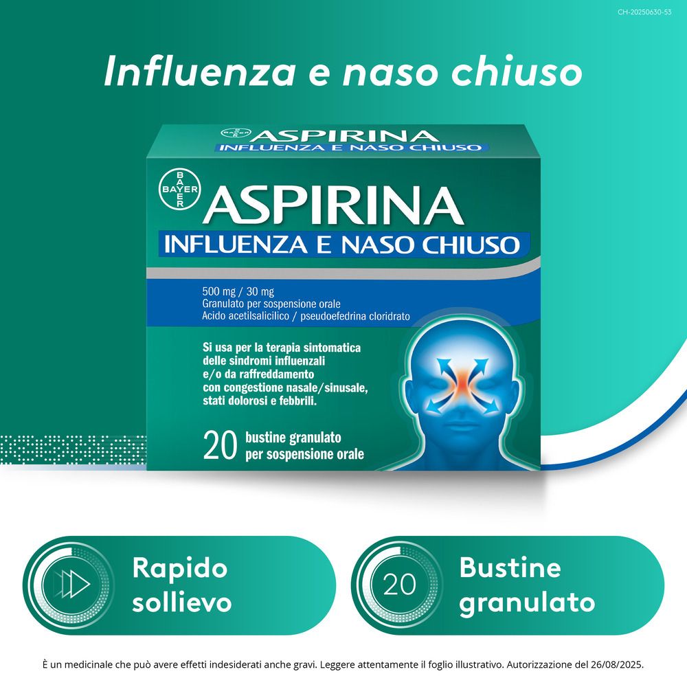Scatola Aspirina Influenza e Naso Chiuso. Testo: Sollievo rapido, 20 bustine granulato.