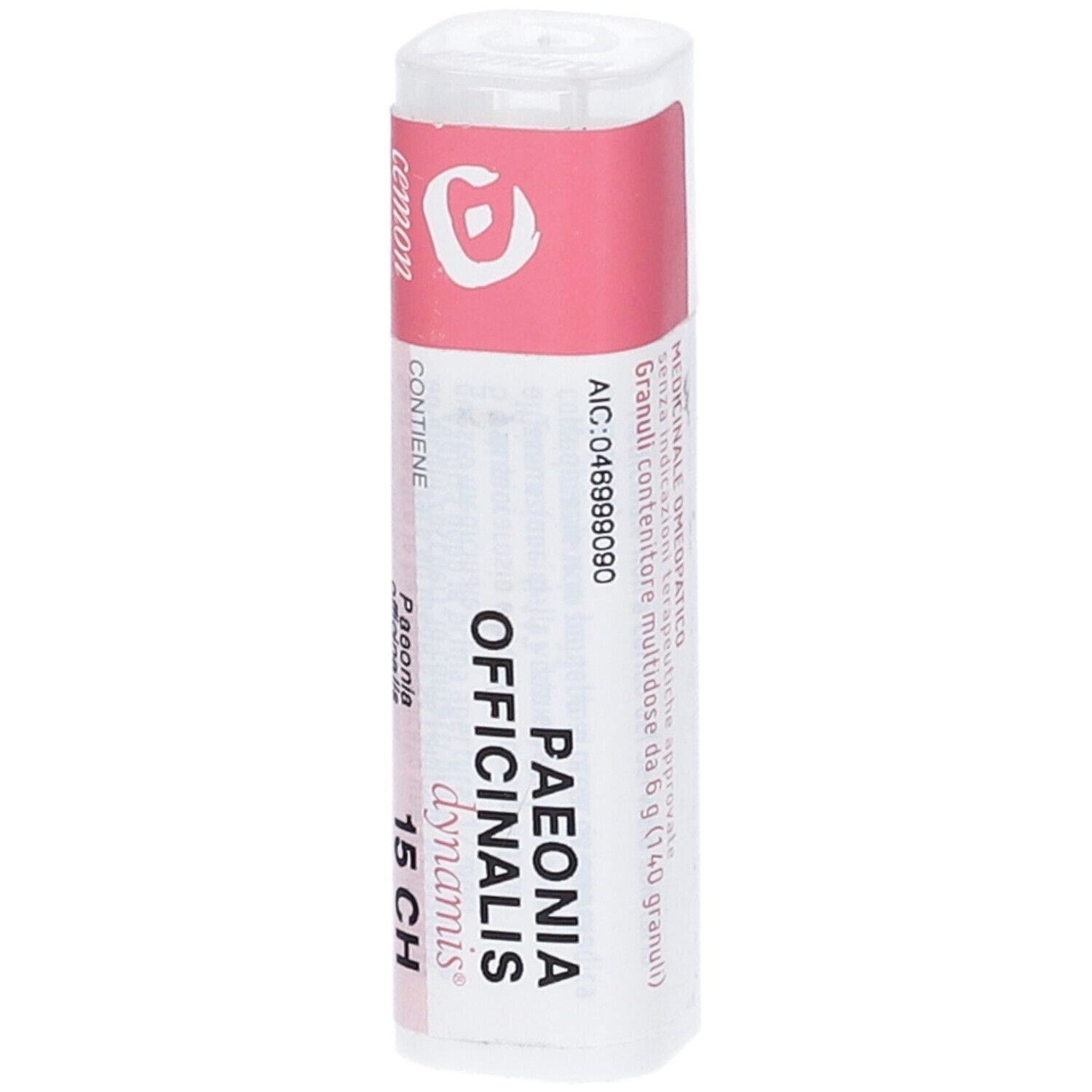 Flacone bianco con etichetta rosa. Testo: "PAEONIA OFFICINALIS dynamis 15 CH".